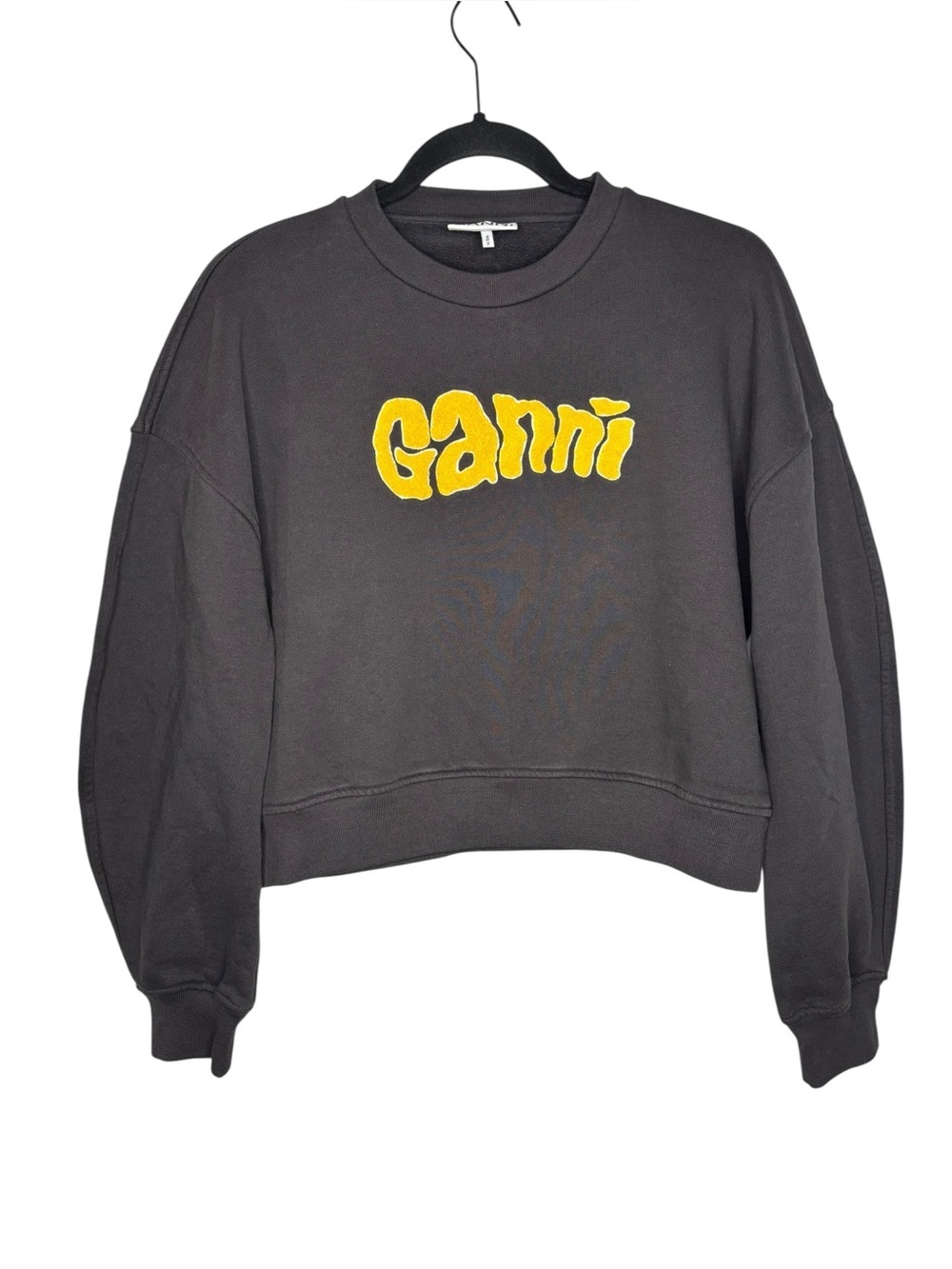 Ganni Black Cropped Sweatshirt with Yellow Logo